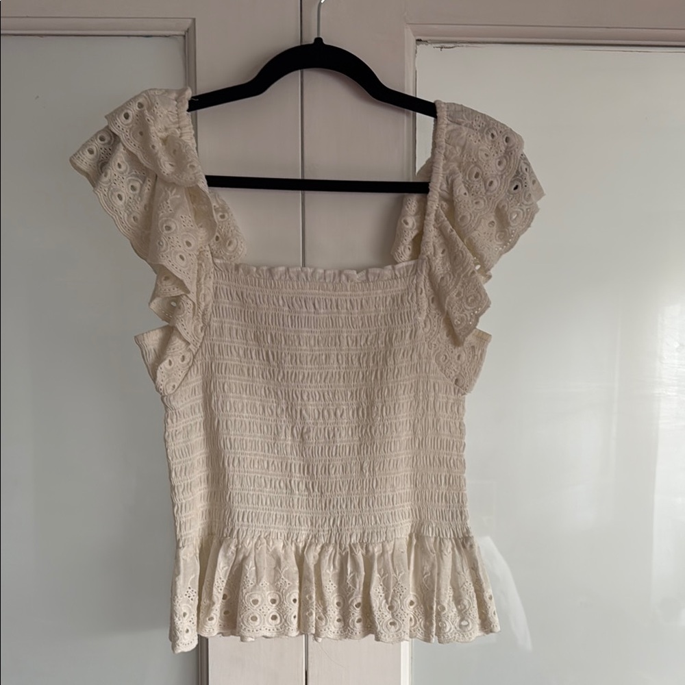 House of Harlow 1960 Cream Smocked Peplum Blouse